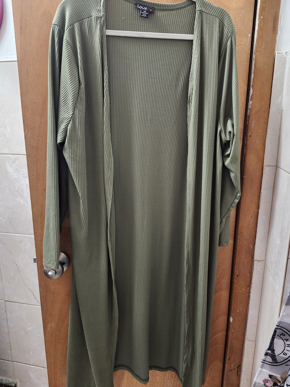 Long Olive Ribbed Open Cardigan